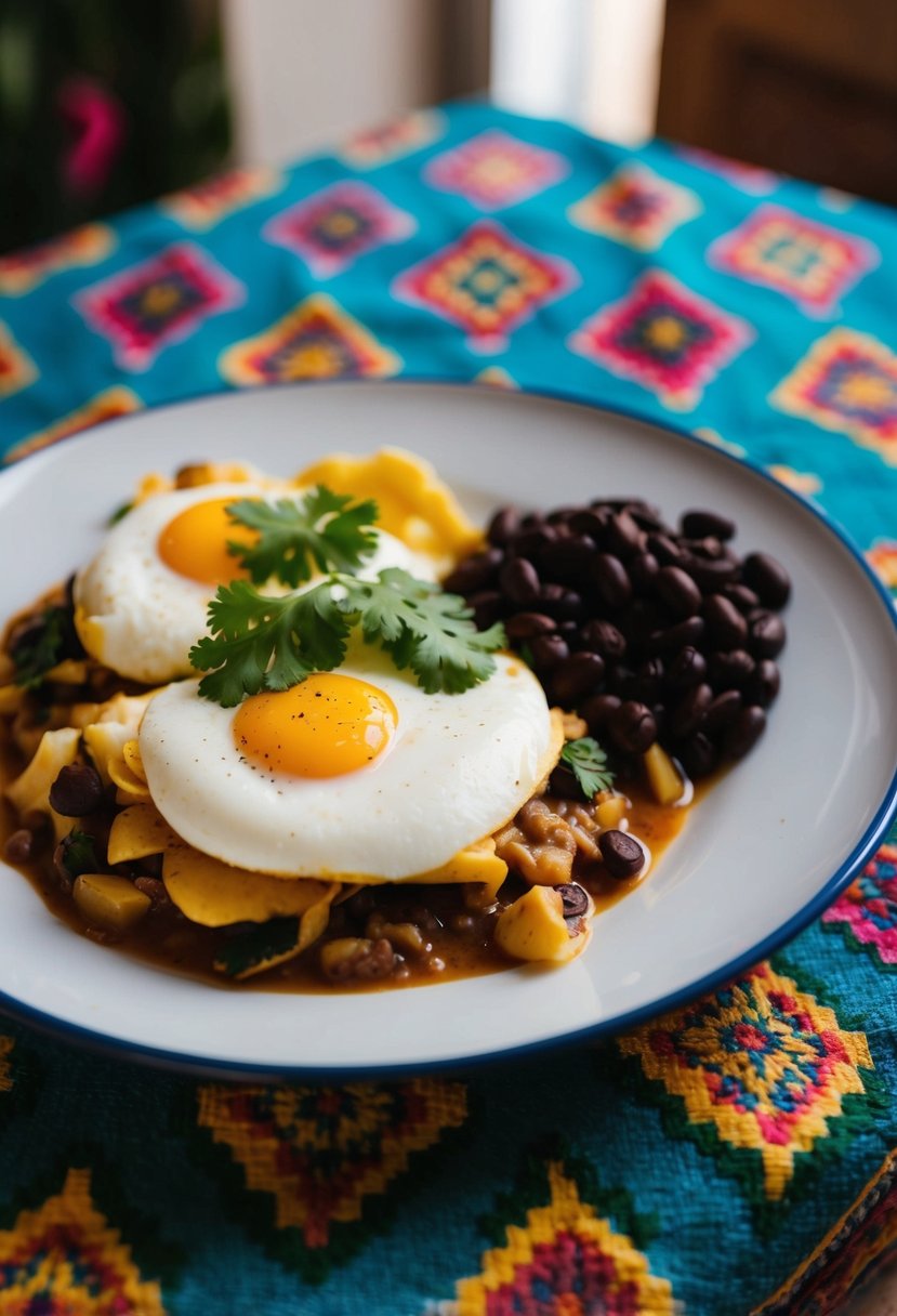 A plate of Huevos Rancheros with a side of black beans, garnished with fresh cilantro and served on a colorful, patterned tablecloth