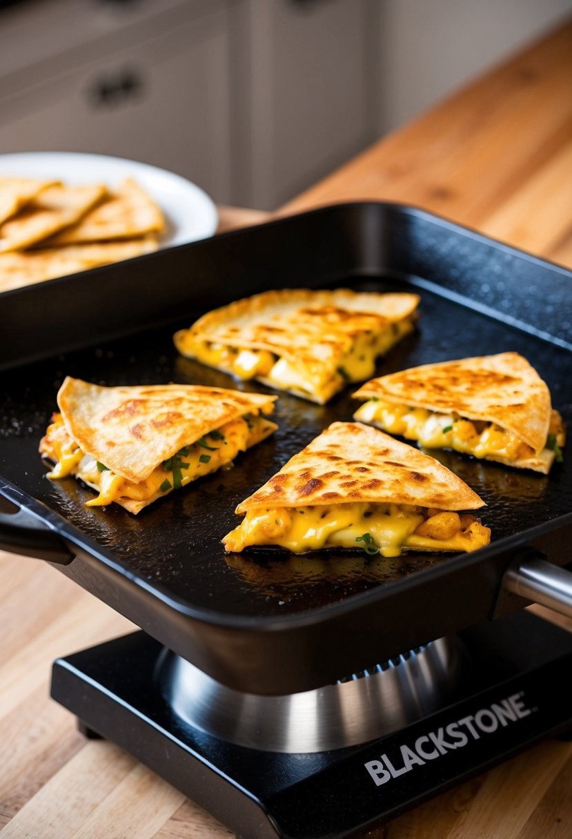 A sizzling blackstone griddle cooks golden quesadillas filled with seasoned chicken and melted cheese