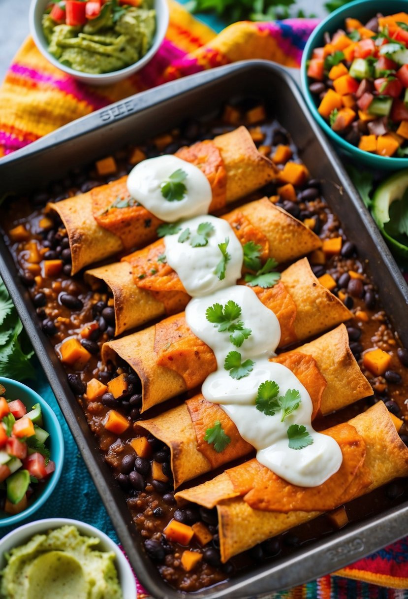 A colorful array of black bean and sweet potato enchiladas, topped with melted cheese and surrounded by vibrant salsa and guacamole