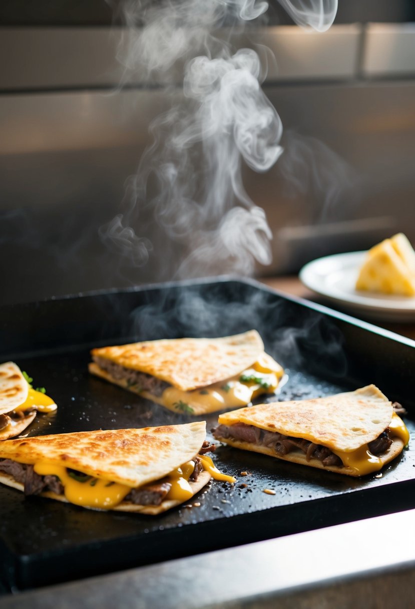 Sizzling Philly Cheesesteak Quesadillas cooking on a hot Blackstone griddle, with steam rising and cheese melting