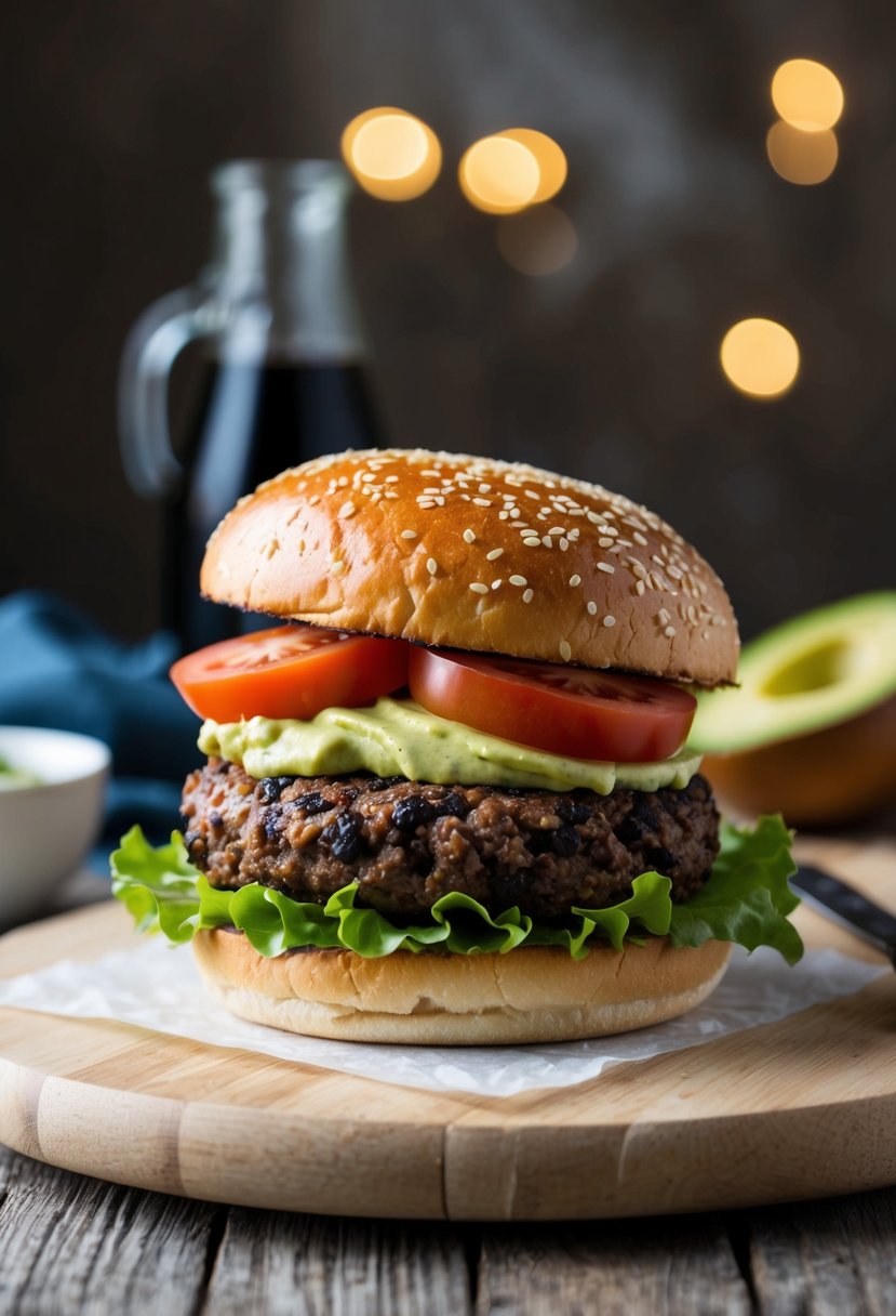 A sizzling black bean burger on a sesame seed bun, topped with lettuce, tomato, and a dollop of creamy avocado spread