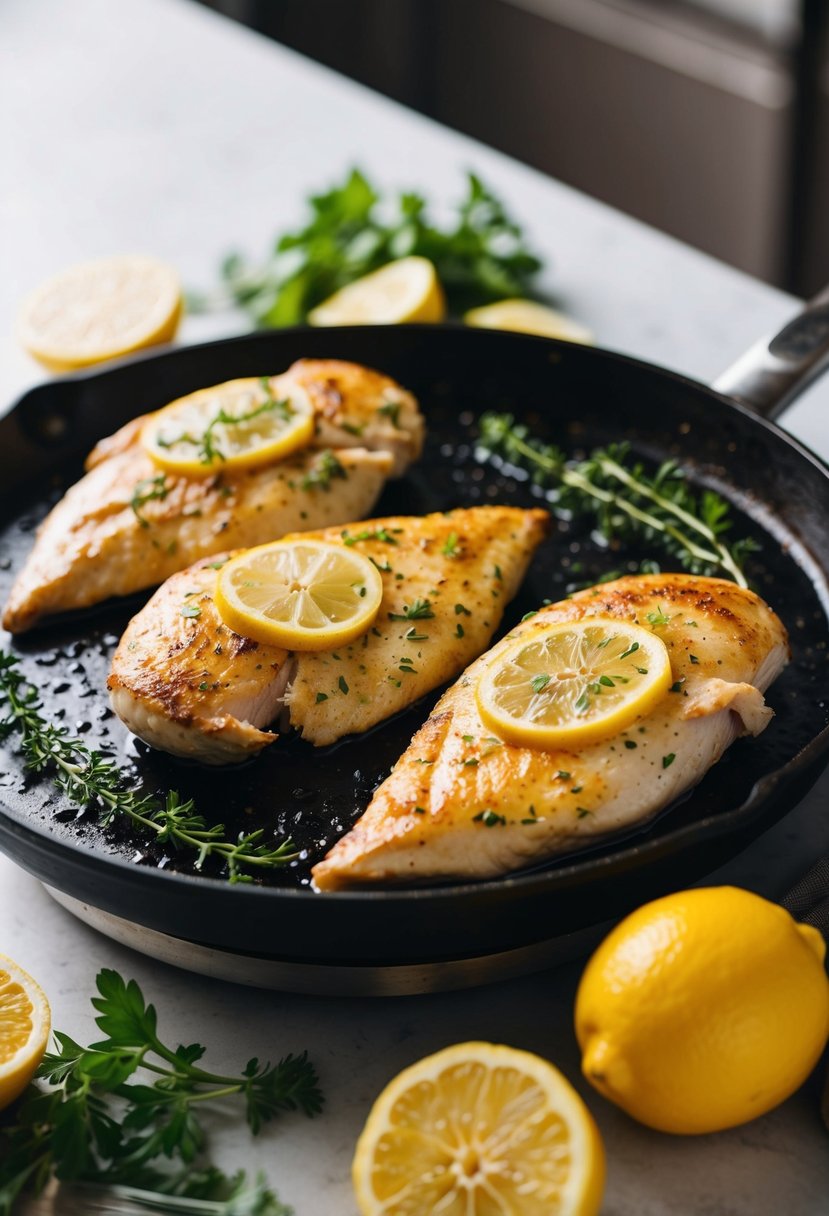 Chicken breasts sizzling on a hot griddle, surrounded by vibrant lemon slices and fresh herbs