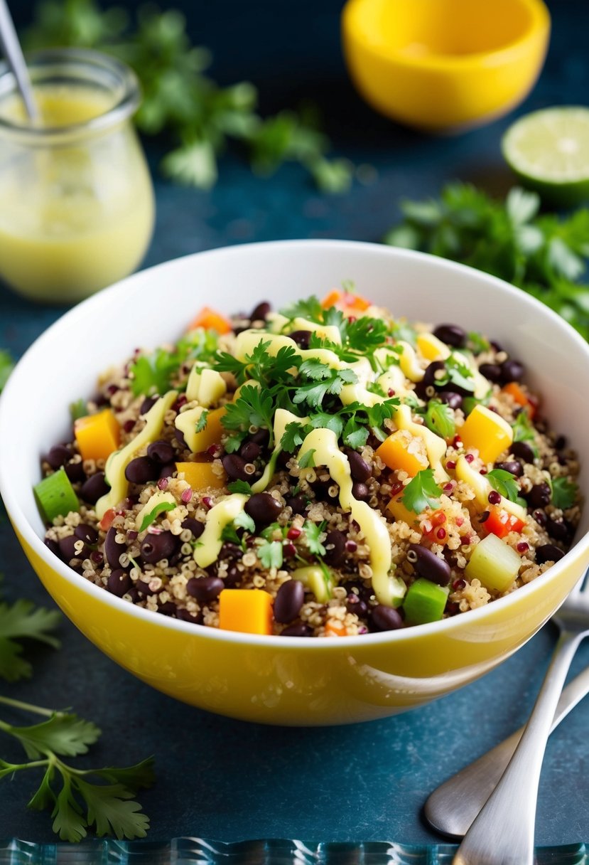 A colorful bowl of quinoa mixed with black beans, diced vegetables, and fresh herbs, drizzled with a zesty vinaigrette dressing