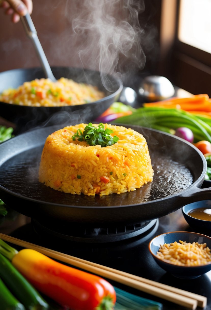 A sizzling blackstone griddle with steaming hibachi-style fried rice, surrounded by colorful vegetables and cooking utensils