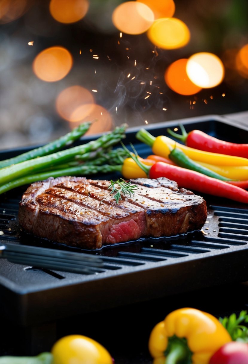 Sizzling steak and colorful vegetables cooking on a blackstone griddle