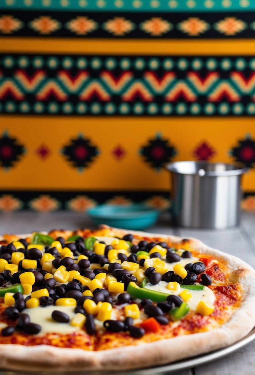 A colorful pizza topped with black beans, corn, peppers, and cheese, set against a backdrop of southwestern-inspired patterns and motifs