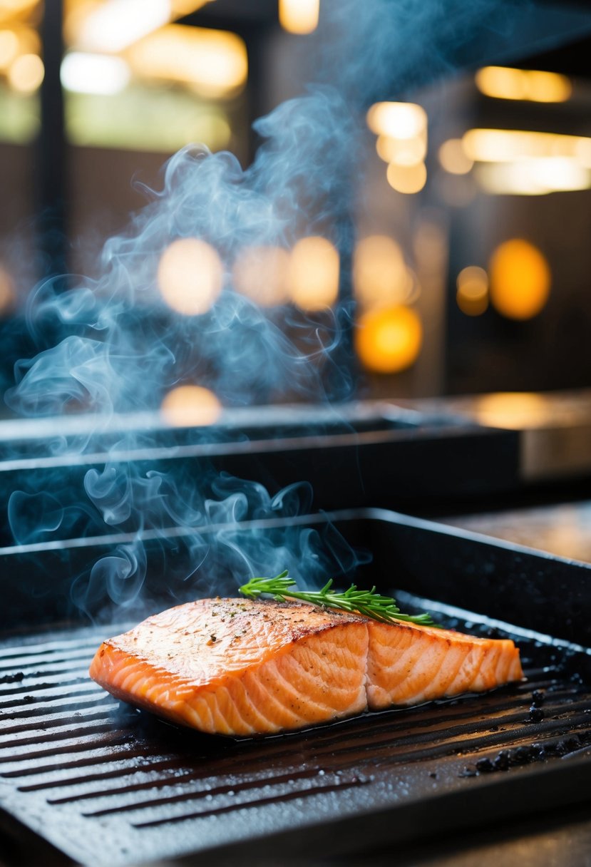 A sizzling Cajun grilled salmon fillet cooks on a hot blackstone griddle, emitting aromatic smoke and creating mouthwatering grill marks