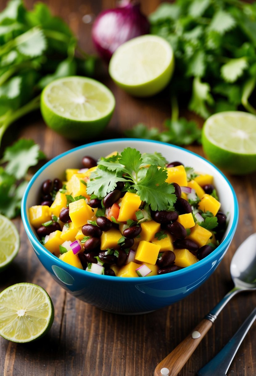 A colorful bowl of Black Bean and Mango Salsa sits on a wooden table, surrounded by fresh ingredients like cilantro, red onion, and lime