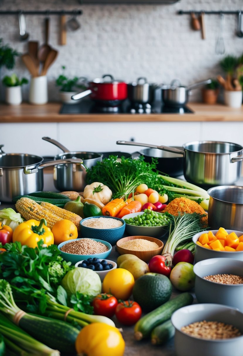 A colorful array of fresh vegetables, fruits, and grains spread out on a kitchen countertop, surrounded by pots, pans, and cooking utensils