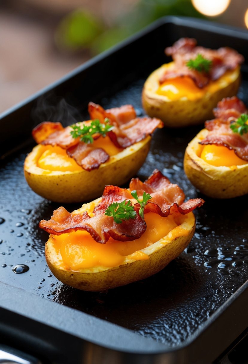 Golden potato skins topped with crispy bacon and melted cheese sizzling on a blackstone griddle