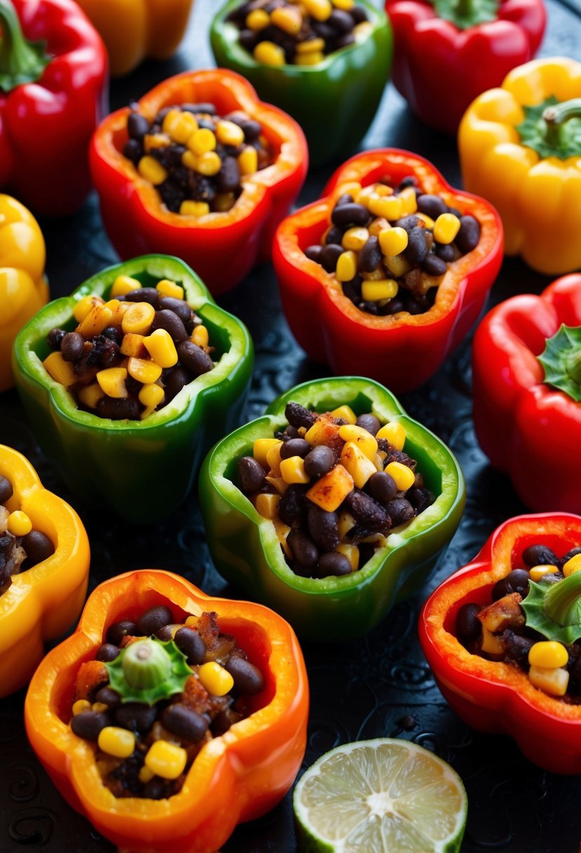 A colorful array of bell peppers, split open and filled with a savory mixture of black beans, corn, and spices, ready to be baked