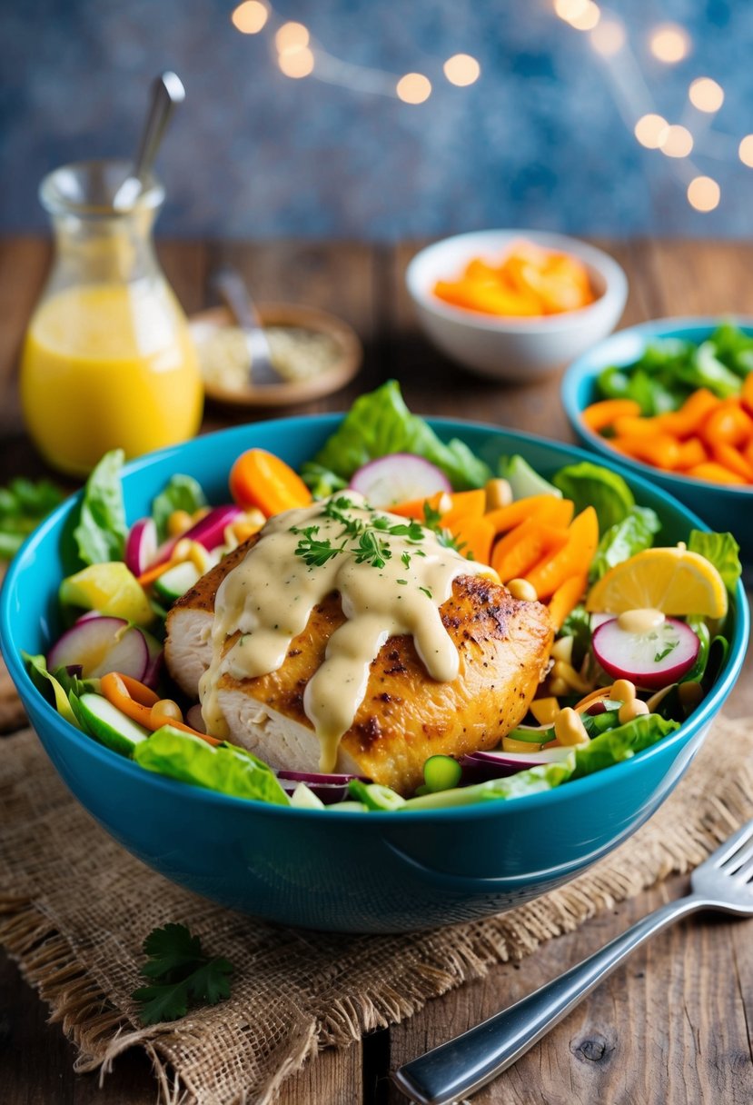 A vibrant salad bowl filled with creamy rotisserie chicken, colorful veggies, and a drizzle of dressing, sitting on a rustic wooden table