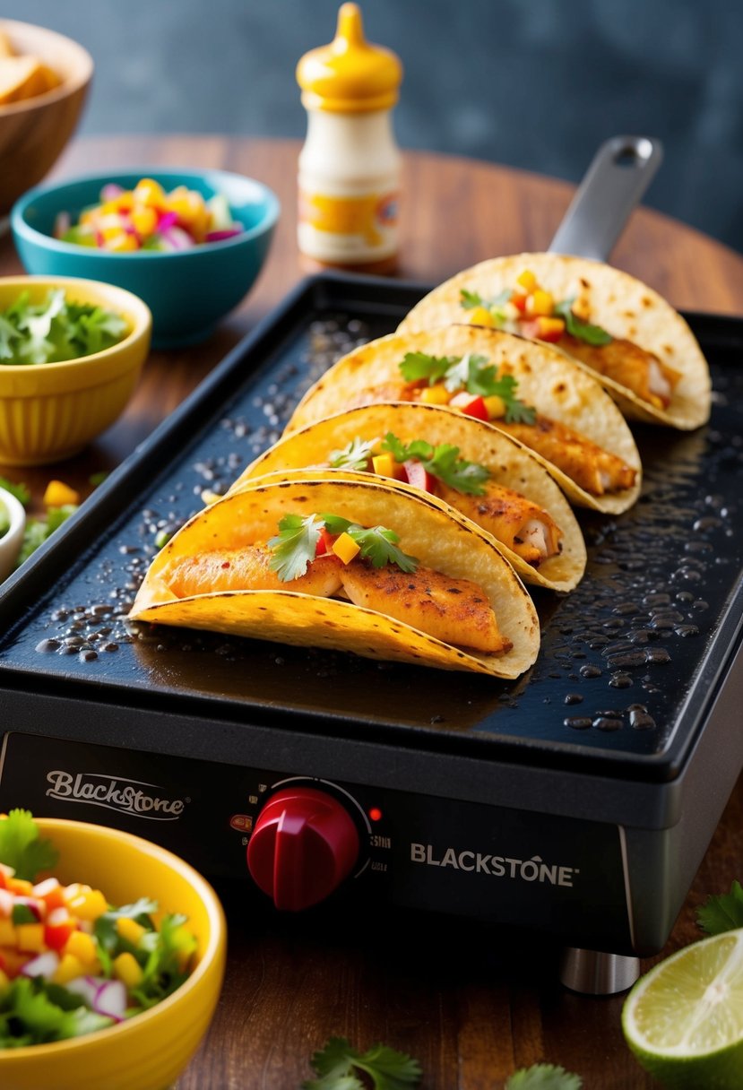 A sizzling blackstone griddle with fish tacos cooking, surrounded by colorful toppings and condiments