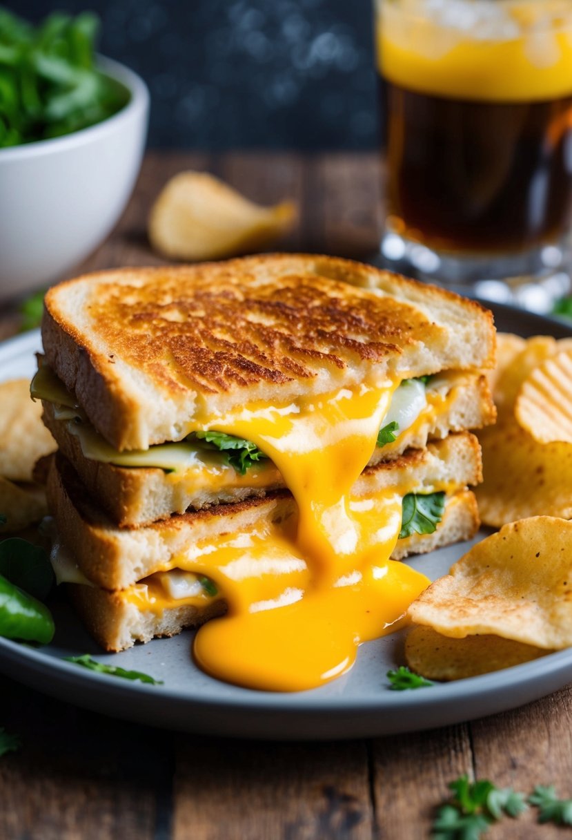 A sizzling grilled cheese sandwich oozing with melted cheese, surrounded by fresh ingredients and a side of crispy potato chips