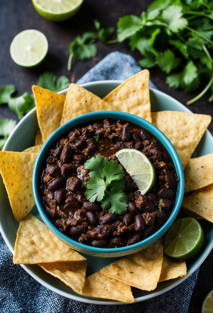 A bowl of smoky black bean dip surrounded by tortilla chips and garnished with fresh cilantro and lime slices