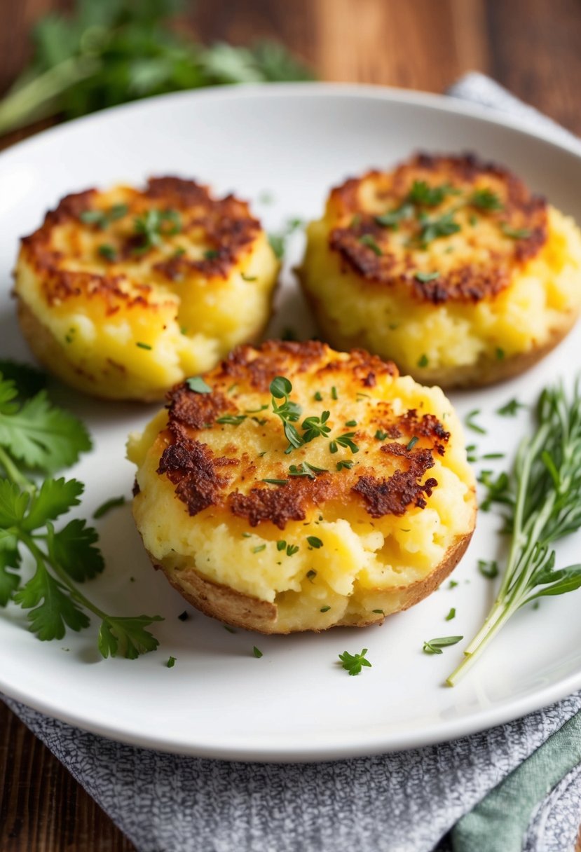 Golden brown mashed potato patties topped with fresh herbs on a white plate