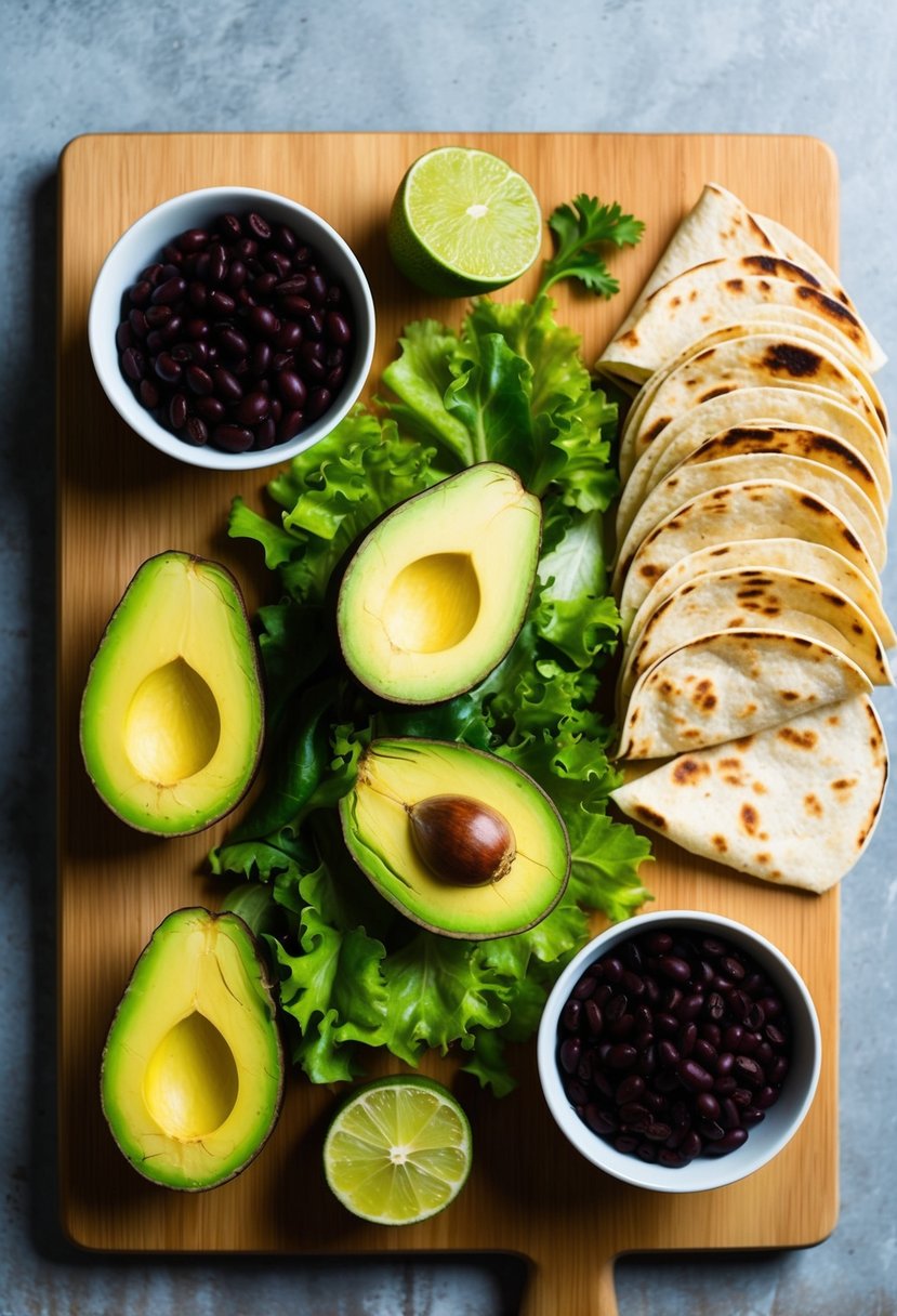 A colorful array of fresh black beans, ripe avocados, vibrant green lettuce, and warm tortillas laid out on a wooden cutting board