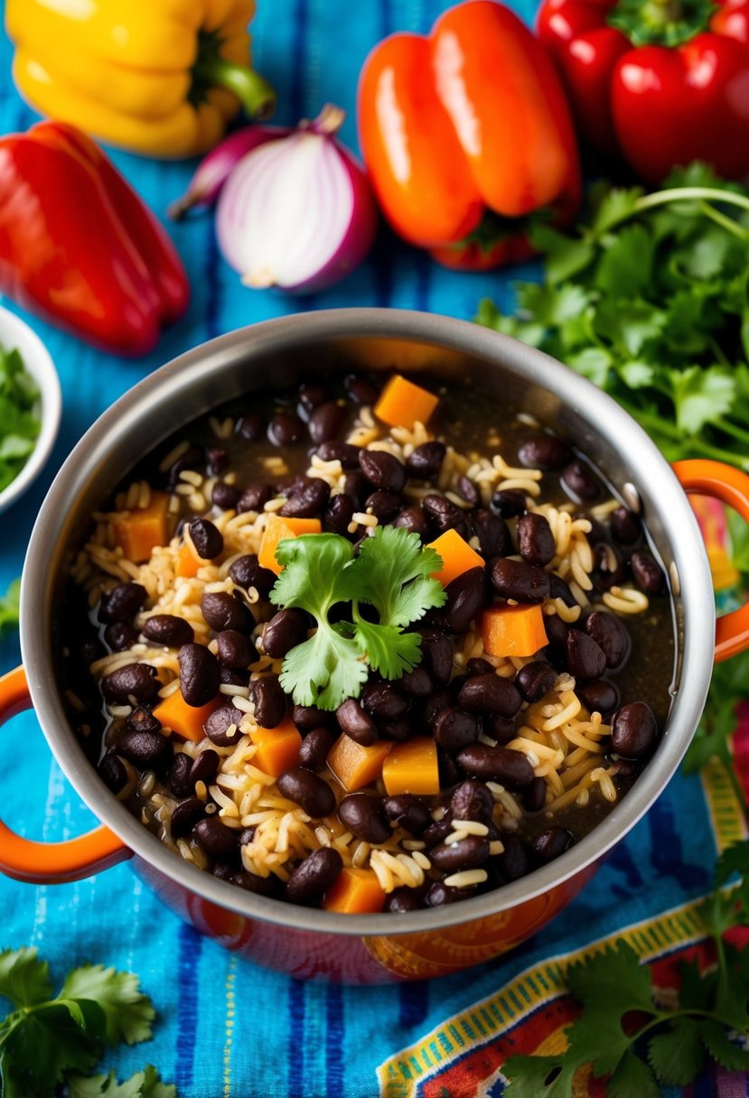 A steaming pot of Cuban black beans and rice sits on a colorful tablecloth, surrounded by vibrant ingredients like bell peppers, onions, and cilantro