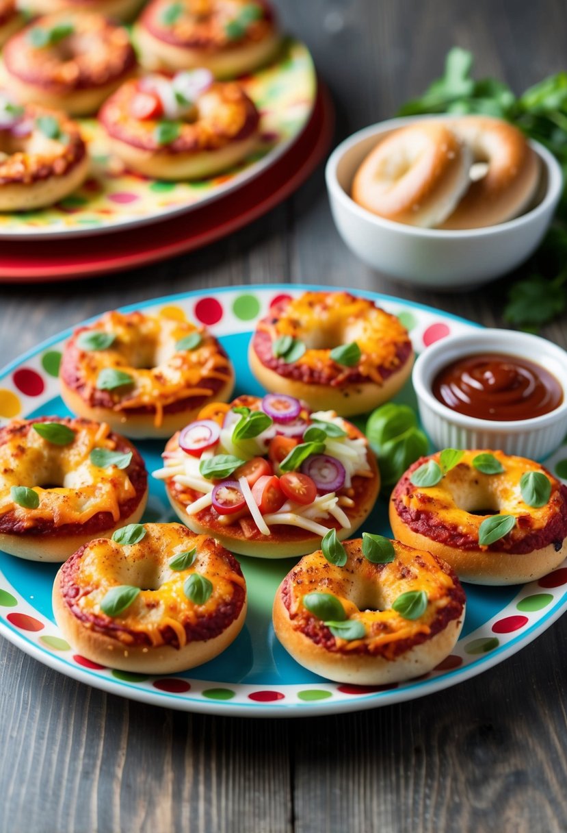 Mini pizza bagels arranged on a colorful plate with fresh ingredients and a side of dipping sauce