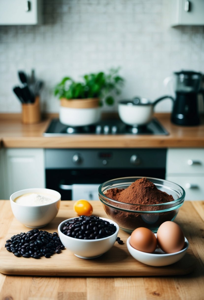 A kitchen counter with ingredients for black bean brownies: black beans, cocoa powder, eggs, and a mixing bowl