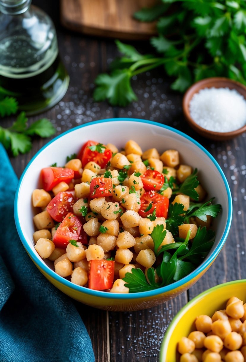 A colorful bowl filled with chickpeas, diced tomatoes, and fresh parsley, drizzled with olive oil and sprinkled with salt and pepper