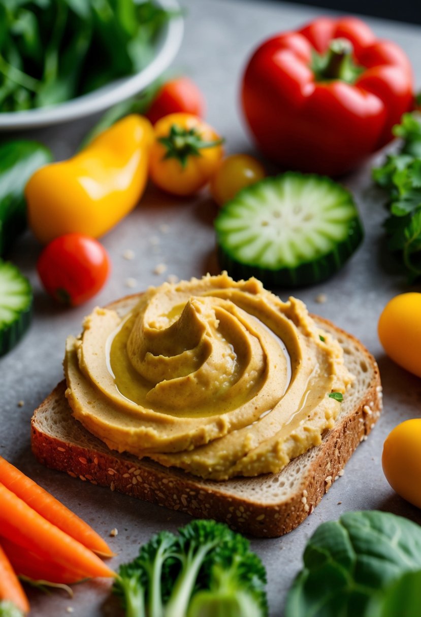 A colorful array of fresh vegetables and a creamy dollop of hummus spread on whole grain bread, ready to be assembled into a delicious and healthy veggie and hummus sandwich