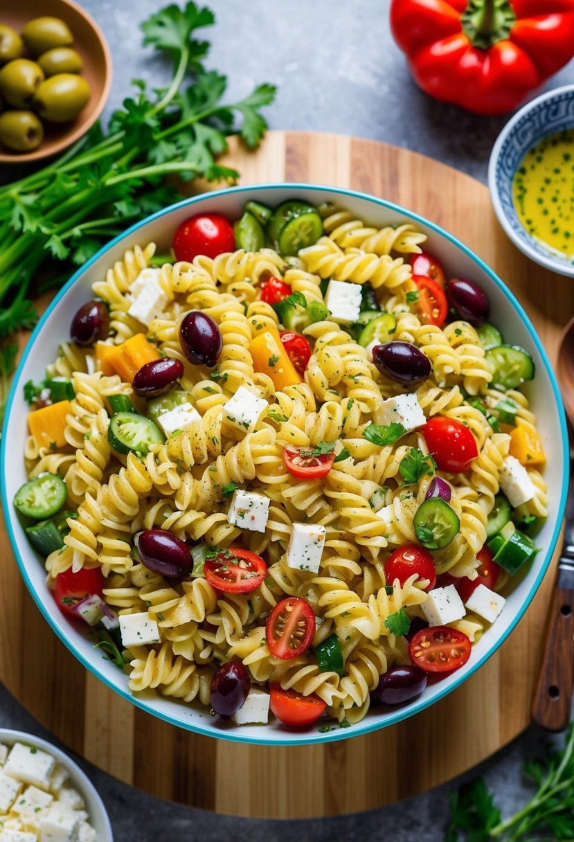 A colorful spread of Greek-inspired pasta salad ingredients on a wooden cutting board, surrounded by fresh vegetables, olives, feta cheese, and a drizzle of olive oil