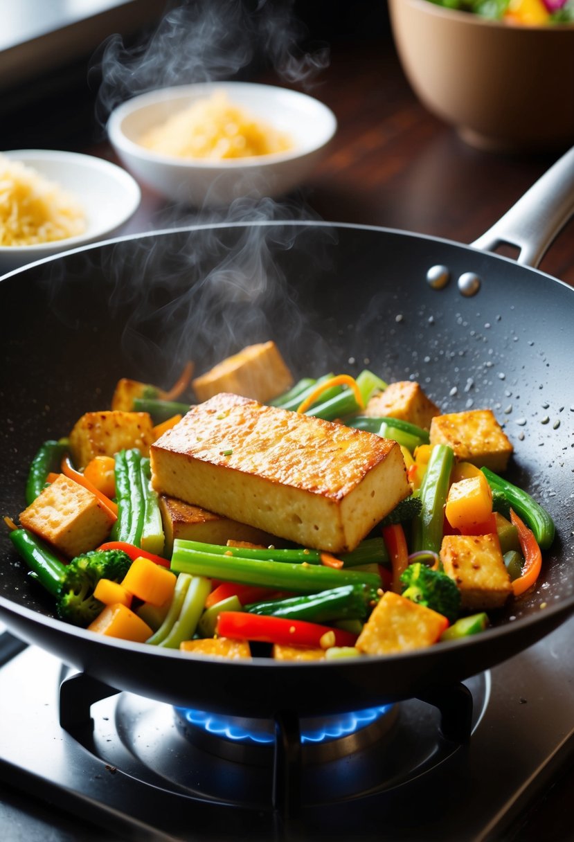 A sizzling wok cooks flash-fried tofu with colorful vegetables, steaming and fragrant, ready for a quick stir-fry lunch