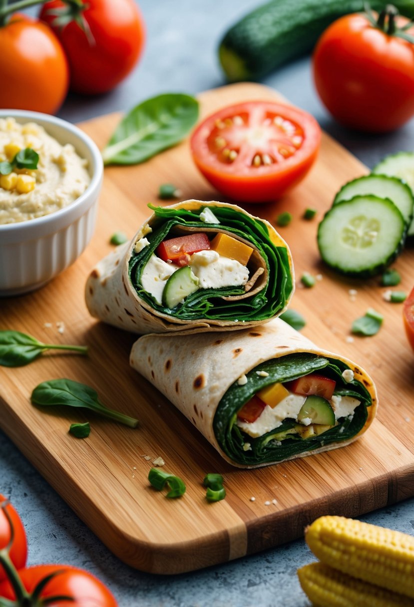 A colorful spinach and feta wrap surrounded by fresh ingredients like tomatoes, cucumbers, and a side of hummus on a wooden cutting board