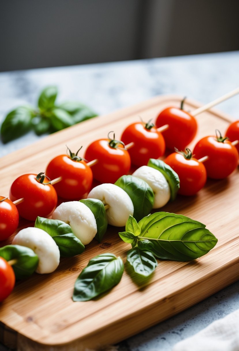 A wooden cutting board with cherry tomatoes, fresh mozzarella, and basil leaves arranged on skewers