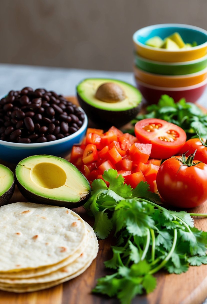 A colorful array of fresh ingredients, including black beans, diced tomatoes, avocado, and cilantro, laid out on a wooden cutting board next to a stack of tortillas