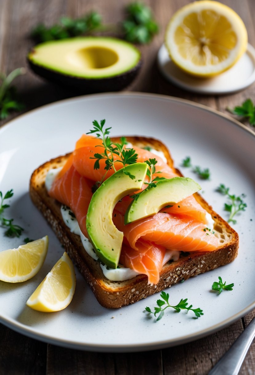 A plate with a slice of toasted bread topped with smoked salmon, sliced avocado, and garnished with herbs and lemon wedges