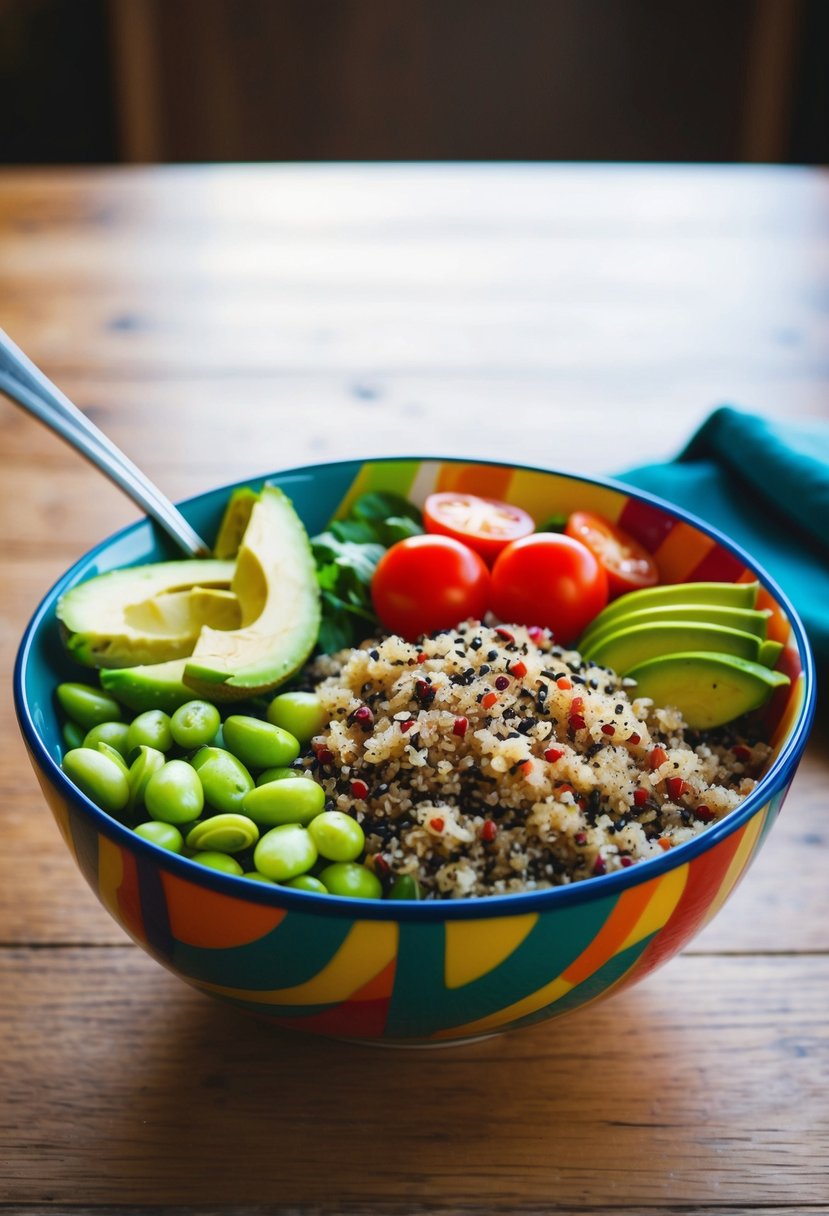 A colorful bowl filled with cooked quinoa, edamame, cherry tomatoes, avocado slices, and a sprinkle of sesame seeds, sitting on a wooden table