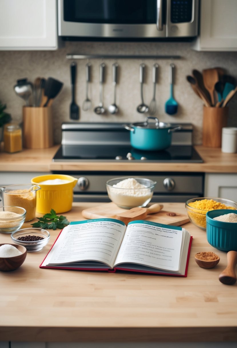 A kitchen counter with baking ingredients, utensils, and a recipe book open to a Betty Crocker recipe