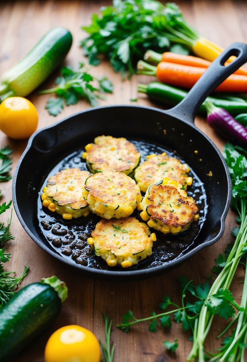 A sizzling skillet holds golden zucchini and corn fritters, surrounded by fresh herbs and colorful vegetables