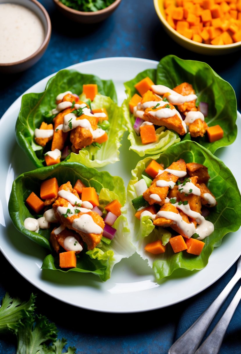 A colorful array of lettuce leaves filled with buffalo chicken, diced vegetables, and drizzled with creamy dressing