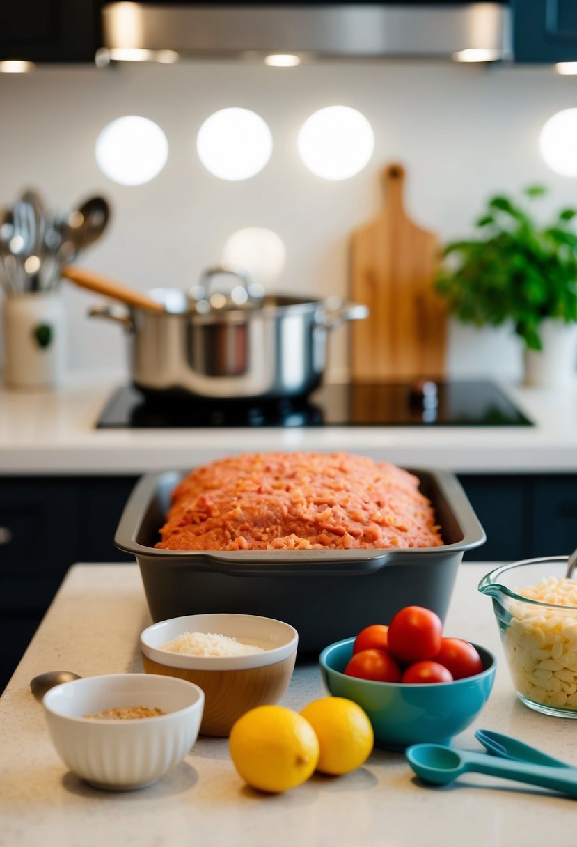 A kitchen counter with ingredients and utensils for making meatloaf