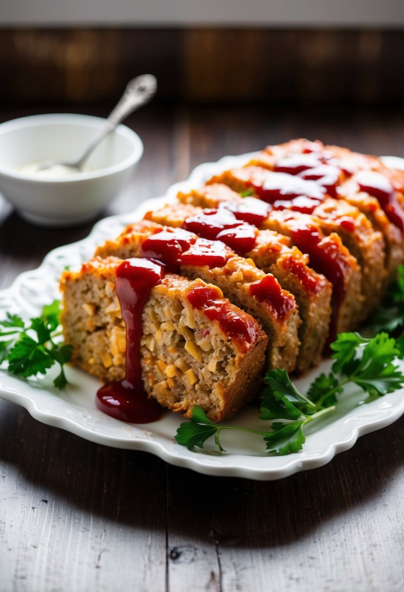 A golden-brown meatloaf sits on a white porcelain platter, glistening with a ketchup glaze and surrounded by sprigs of fresh parsley