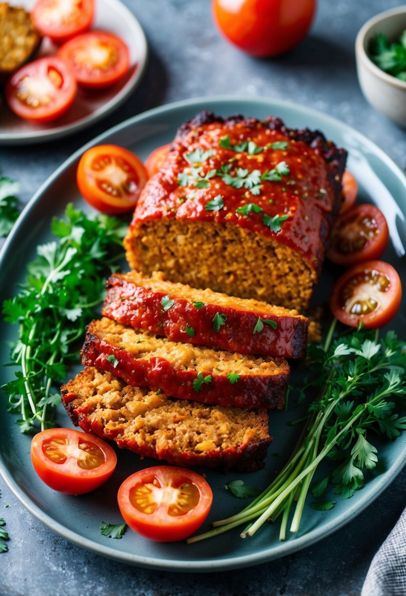 A platter of spicy chipotle meatloaf surrounded by fresh herbs and sliced tomatoes