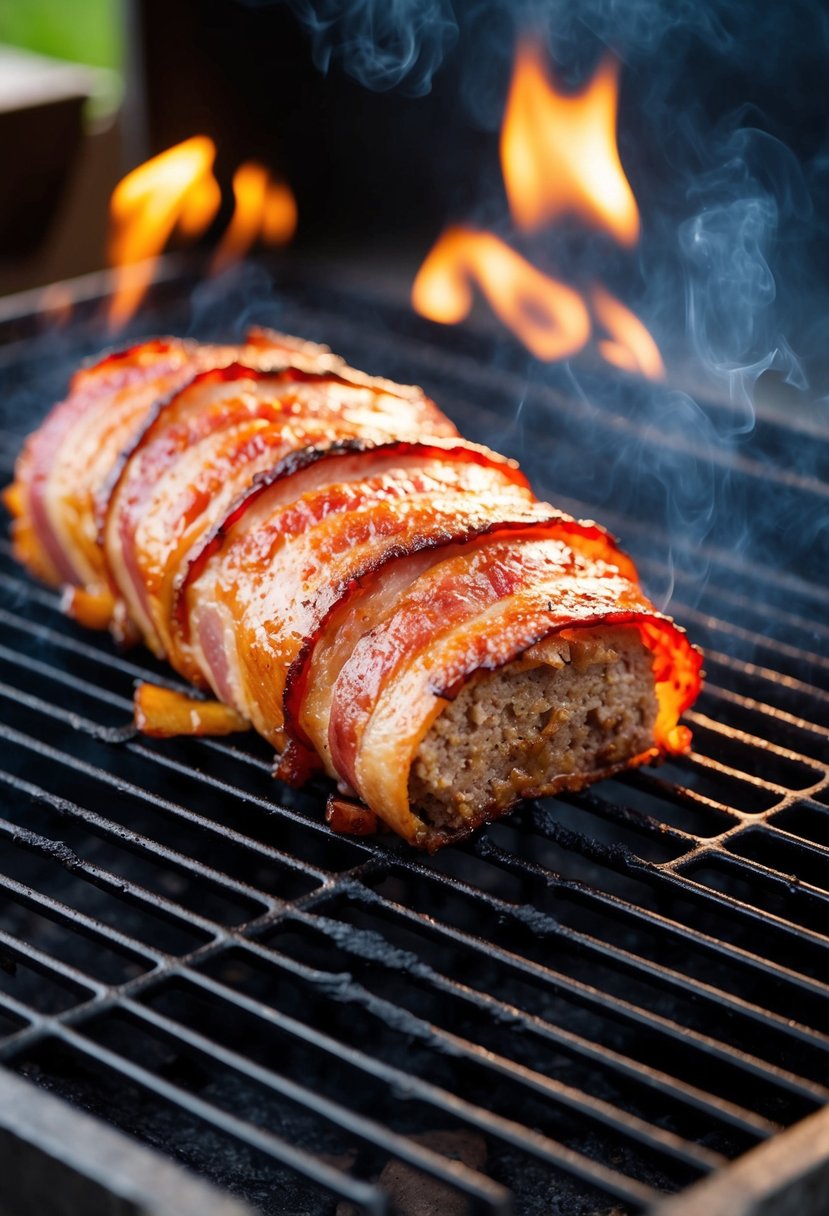 A sizzling bacon-wrapped meatloaf sits on a BBQ grill, surrounded by charred grill marks and a smoky aroma