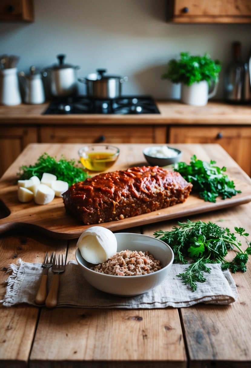 A rustic kitchen with a wooden table set with ingredients for Italian meatloaf, including mozzarella, ground meat, and fresh herbs