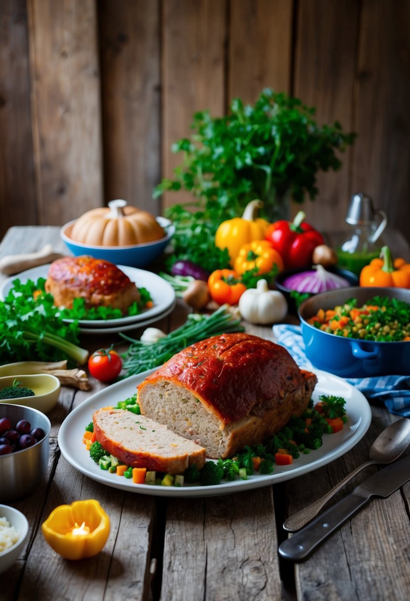 A rustic kitchen table set with a freshly baked turkey and vegetable meatloaf, surrounded by colorful ingredients and cooking utensils