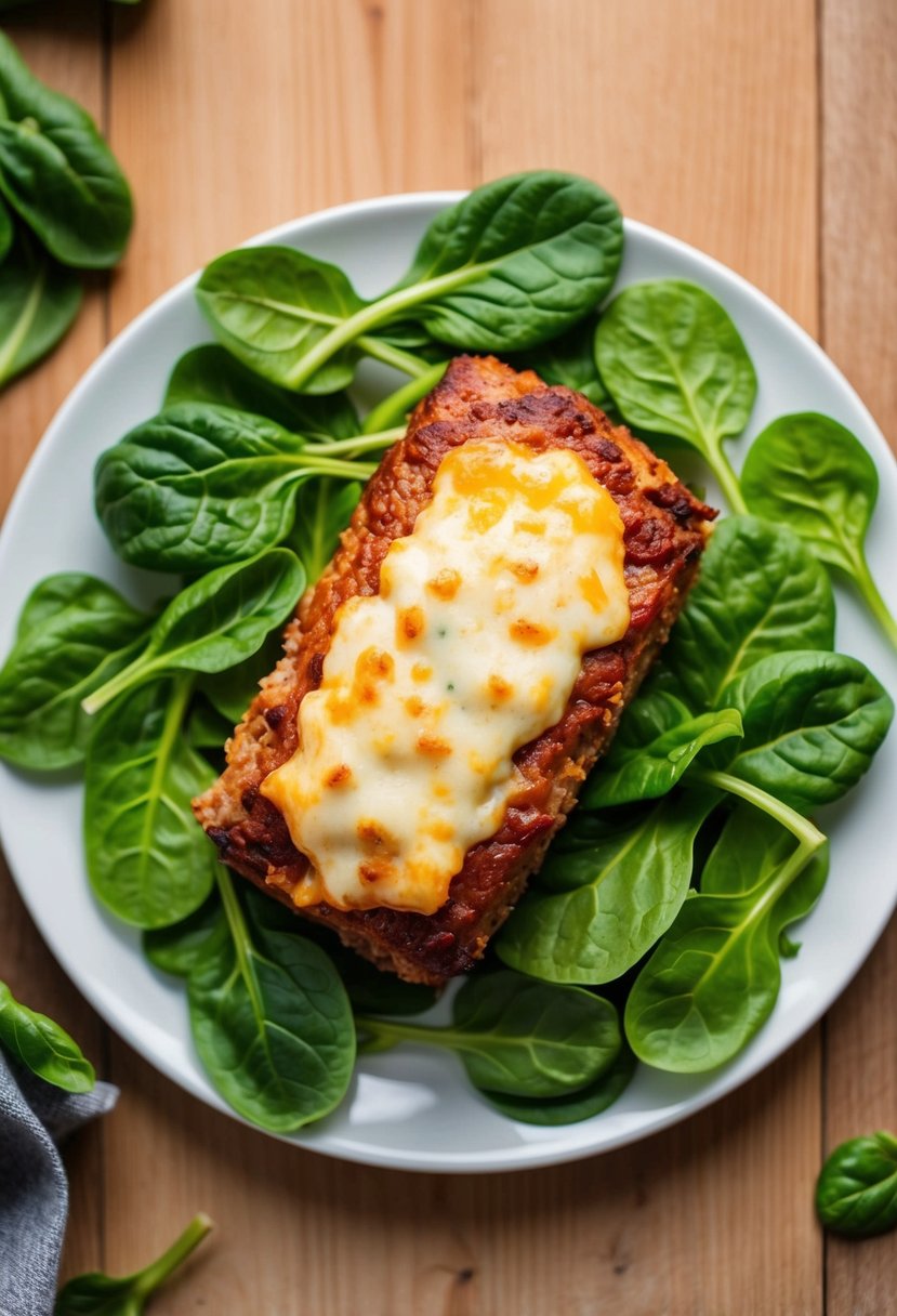 A golden-brown meatloaf topped with melted cheese and surrounded by vibrant green spinach leaves