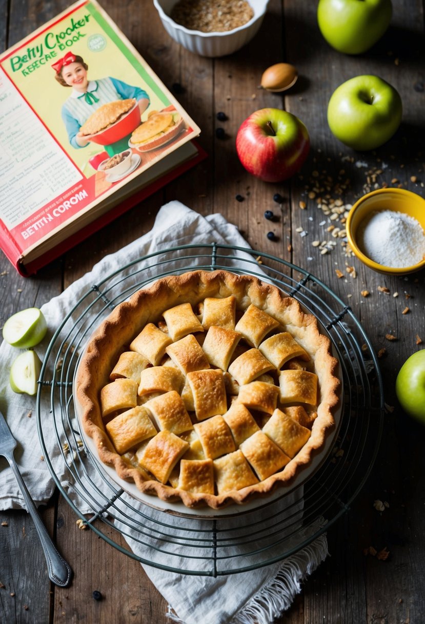 A rustic kitchen table with a freshly baked apple pie cooling on a wire rack, surrounded by scattered ingredients and a vintage Betty Crocker recipe book