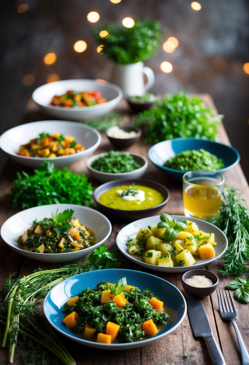 A table set with a variety of savory herb-infused dishes, surrounded by fresh herbs and cooking utensils