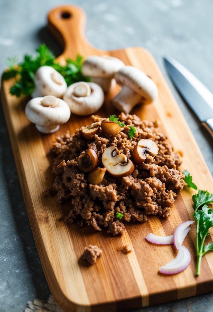 A wooden cutting board with mushrooms, onions, and ground meat