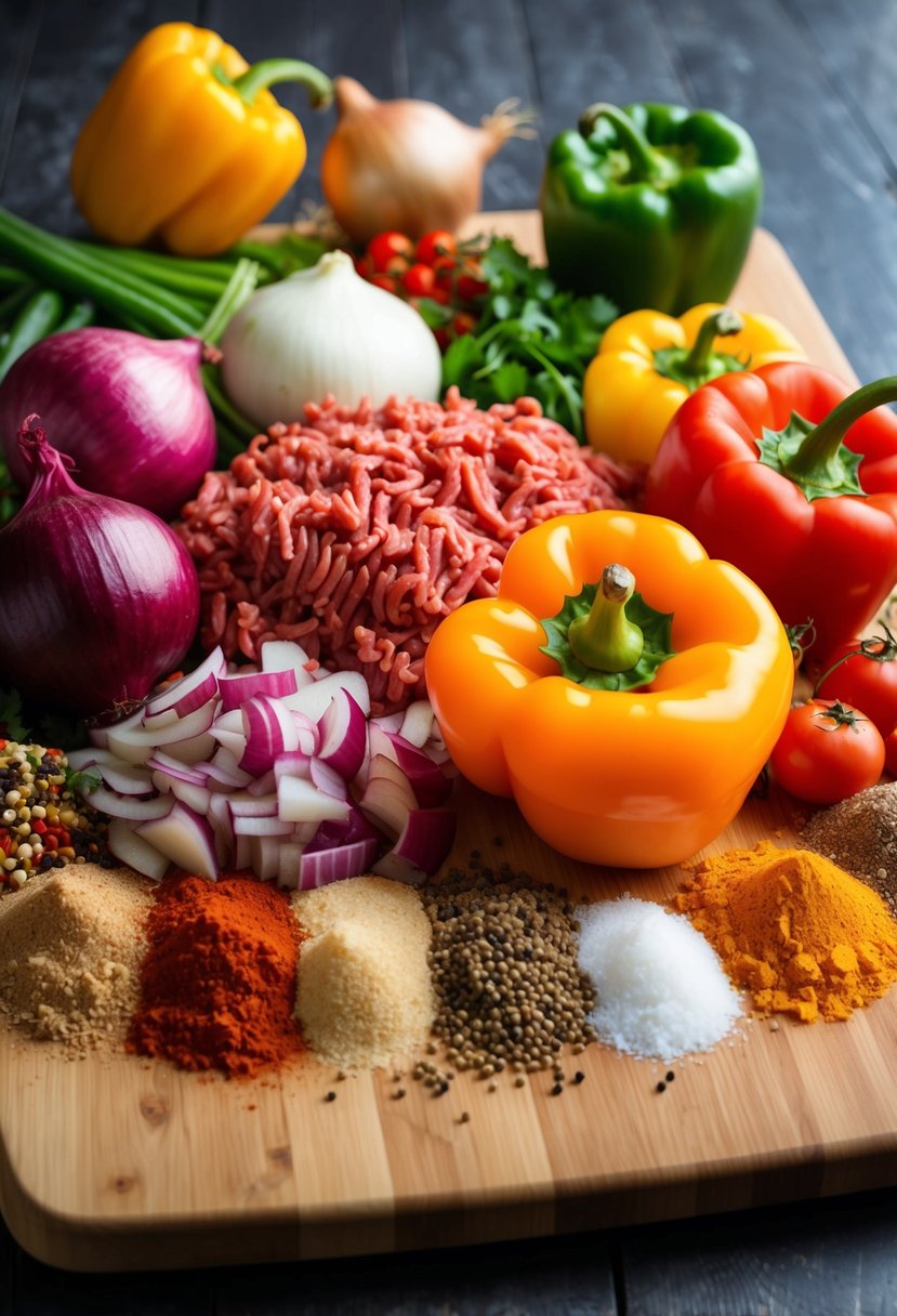 A colorful array of ingredients - ground meat, onions, bell peppers, and a variety of spices - spread out on a wooden cutting board