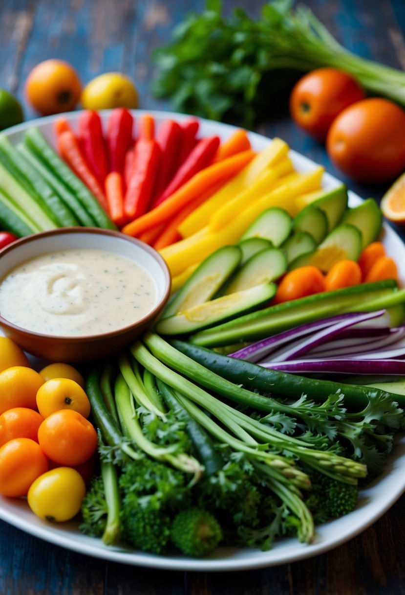 A colorful array of fresh vegetables and fruits arranged on a platter with a bowl of dressing on the side