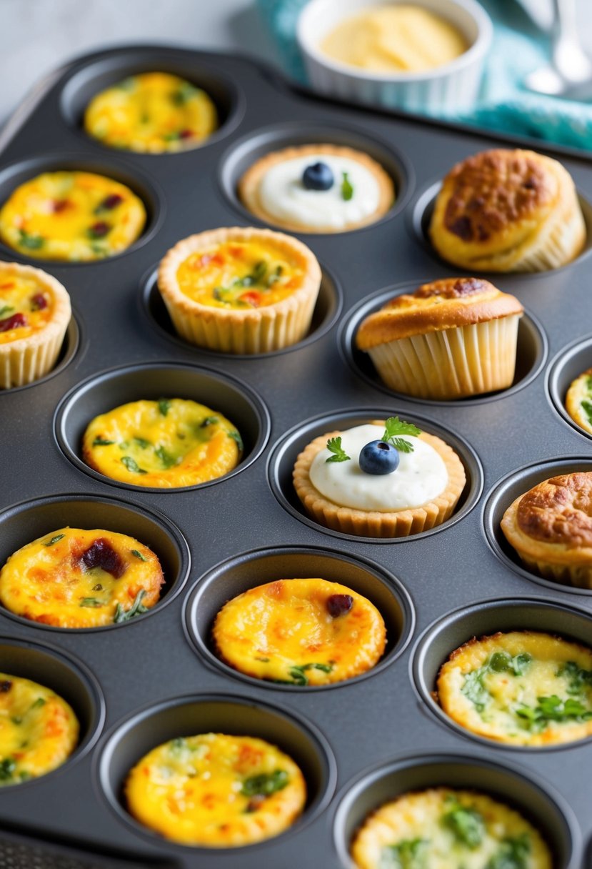 A muffin tin filled with an assortment of mini quiches, cupcakes, and savory tarts, fresh out of the oven