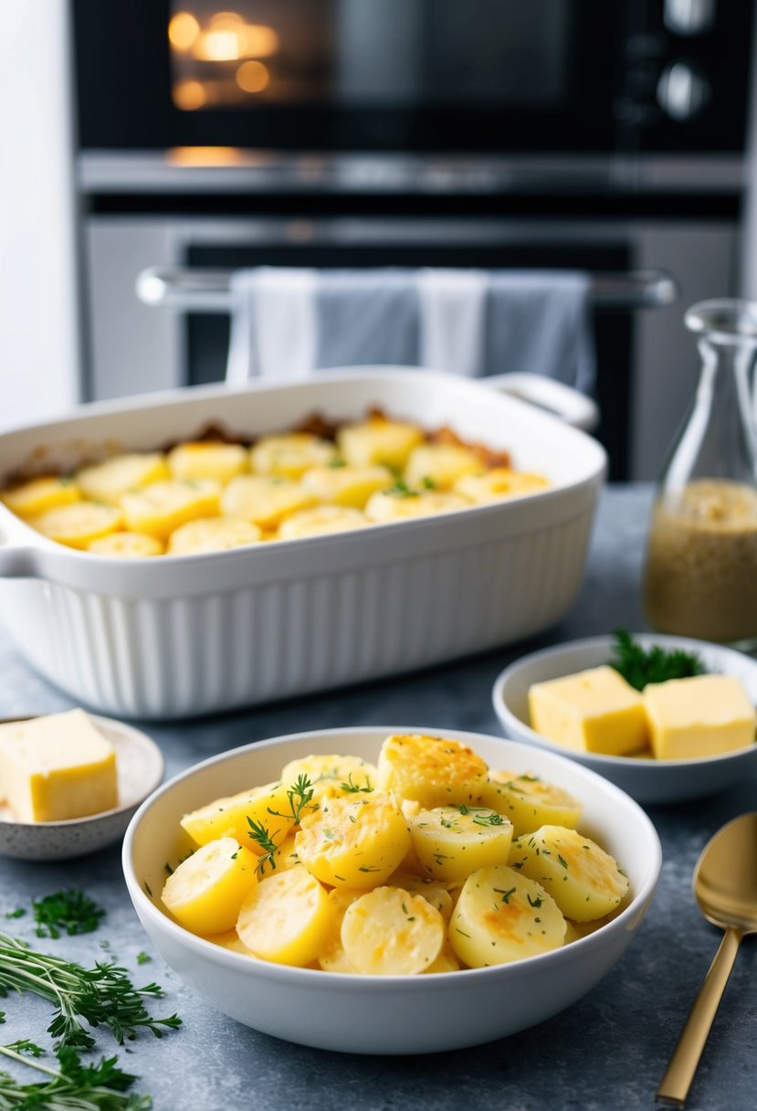 A bowl of scalloped potatoes surrounded by ingredients like cheese, butter, and herbs, with a baking dish and oven in the background